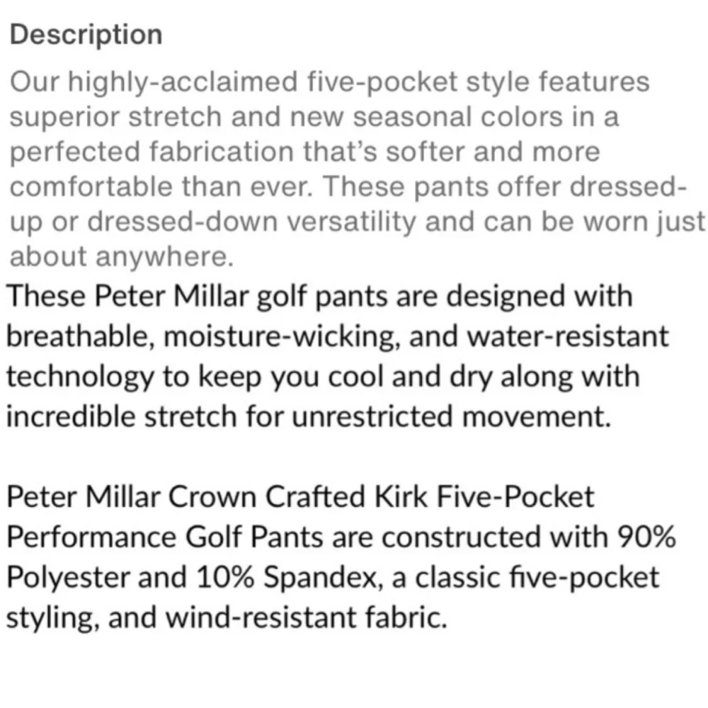 Peter Millar Crown Crafted Performance Golf Pant 5 Pocket Size Medium Blue